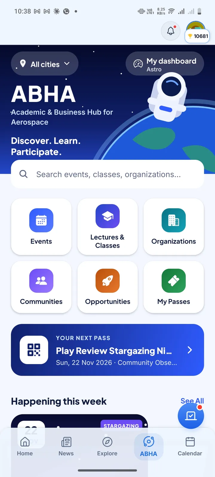 ABHA (Academic and Business Hub for Aerospace) in Indian Space Hub with events, lectures and classes, organizations, communities, opportunities and event passes