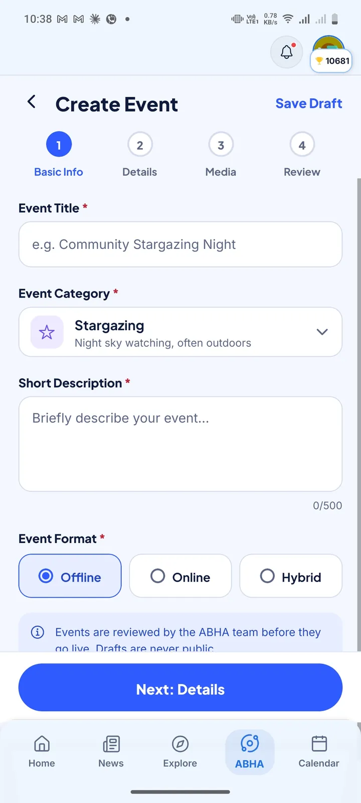 Create Event form in ABHA on Indian Space Hub for hosting a stargazing night offline, online or hybrid, reviewed by the ABHA team