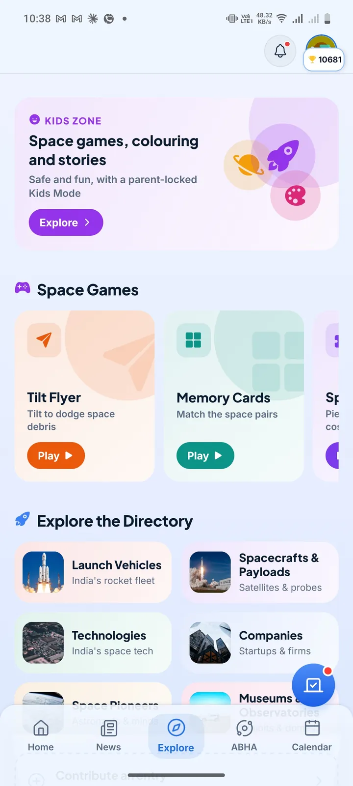 Indian Space Hub Explore tab with the parent-locked Kids Zone, space games Tilt Flyer and Memory Cards, and the space directory