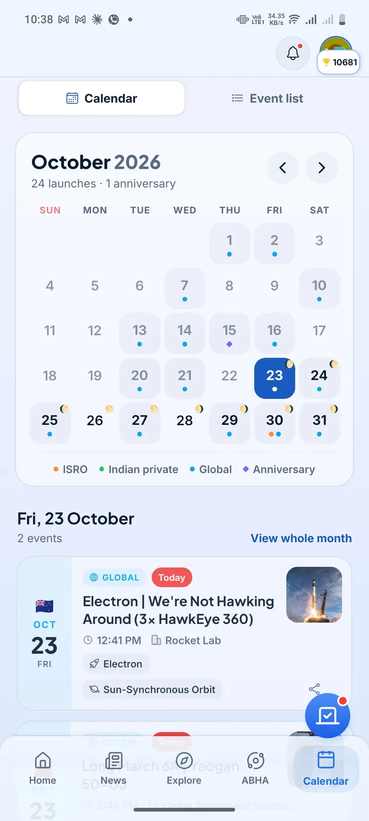 Indian Space Hub rocket launch calendar for October 2026 showing 24 launches colour-coded by ISRO, Indian private and global