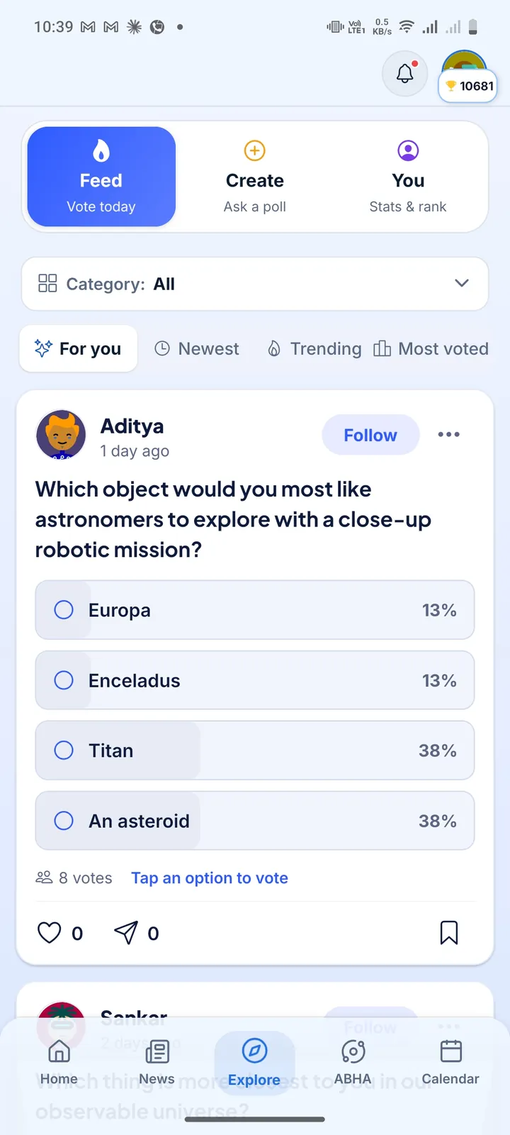Indian Space Hub community polls feed where users vote on space questions such as which moon to explore with a robotic mission