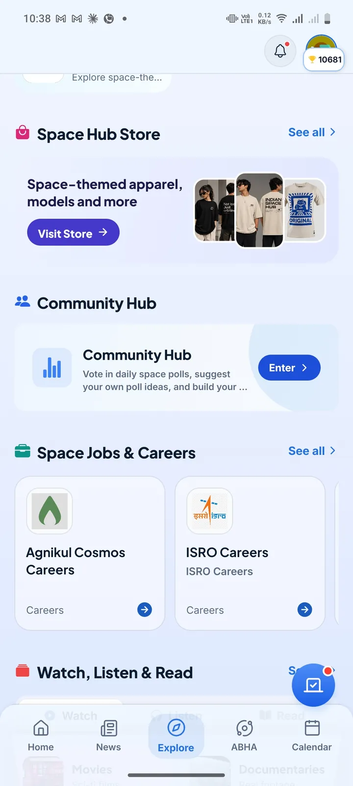 Indian Space Hub Explore tab with the Space Hub Store, Community Hub, Space Jobs and Careers at Agnikul Cosmos and ISRO, and the Watch, Listen and Read library
