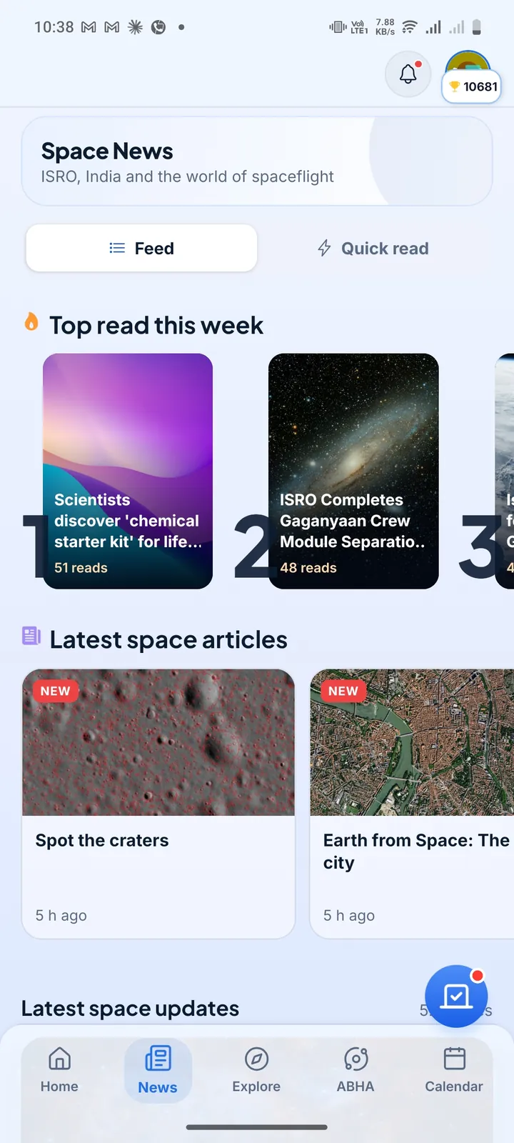 Indian Space Hub Space News feed showing top reads of the week about ISRO, Gaganyaan and the latest space articles