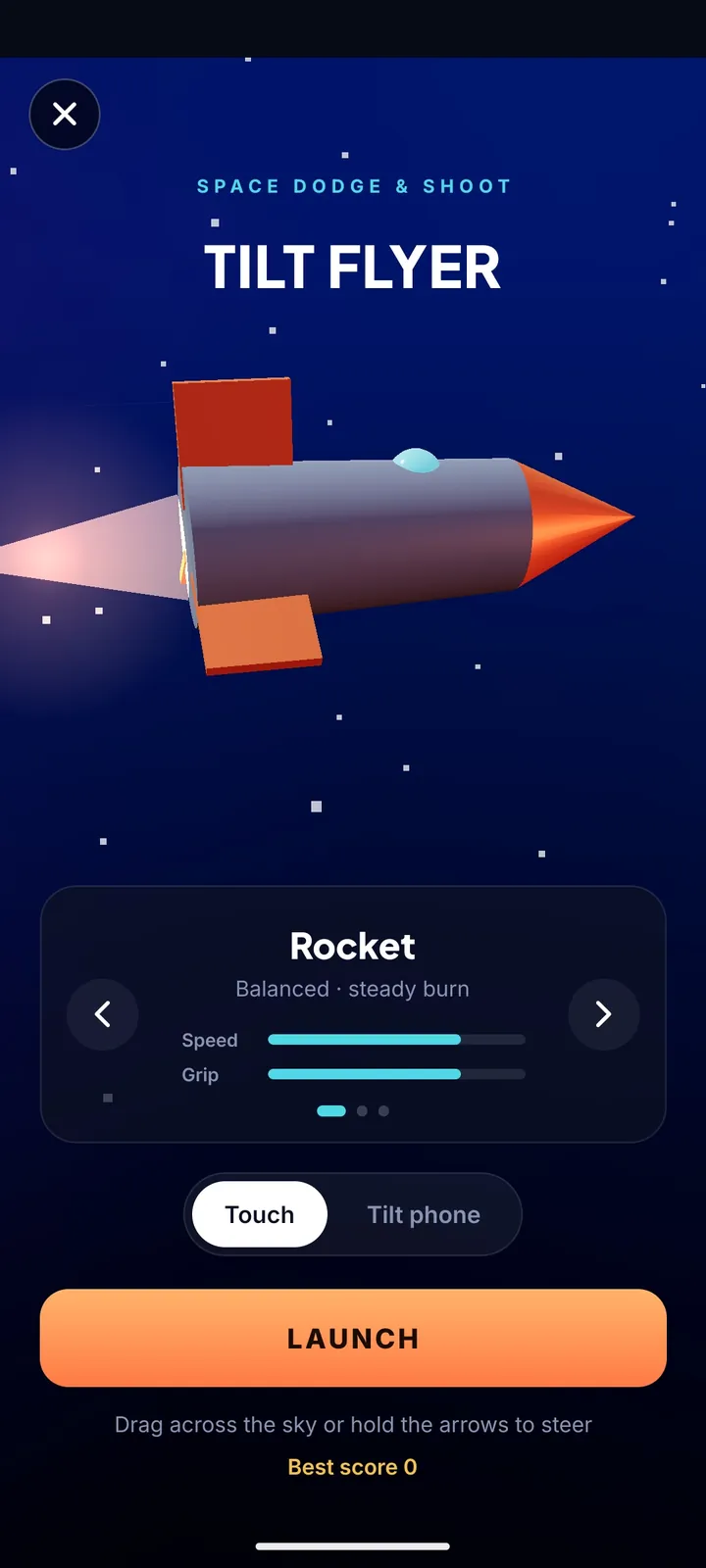 Tilt Flyer space game in Indian Space Hub where kids steer a rocket by touch or by tilting the phone to dodge space debris