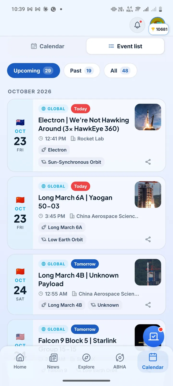 Indian Space Hub list of upcoming rocket launches including Rocket Lab Electron, Long March 6A and Falcon 9 Starlink with orbit and time